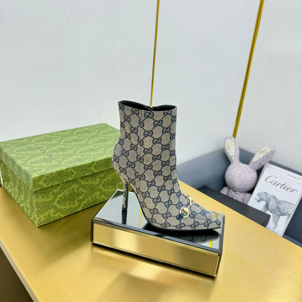 GG HORSEBIT ANKLE BOOT IN PALE GRAY MONOGRAM CANVAS