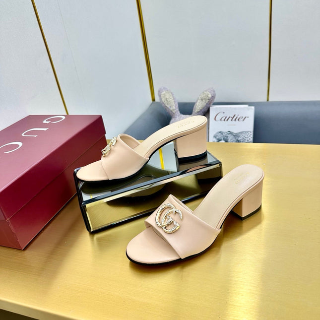 GG HIGH HEELS IN LIGHT BEIGE CALFSKIN GOLD-TONE HARDWARE WITH RHINESTONES