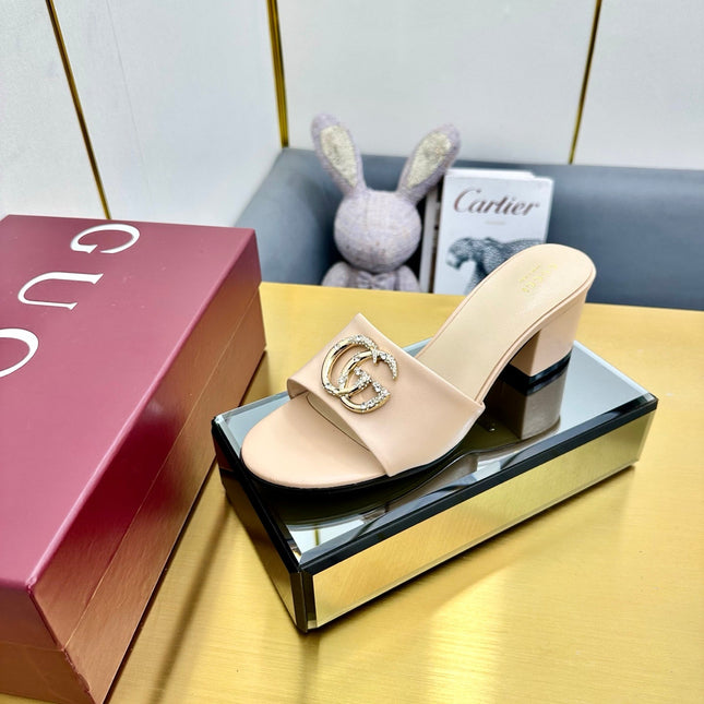 GG HIGH HEELS IN LIGHT BEIGE CALFSKIN GOLD-TONE HARDWARE WITH RHINESTONES