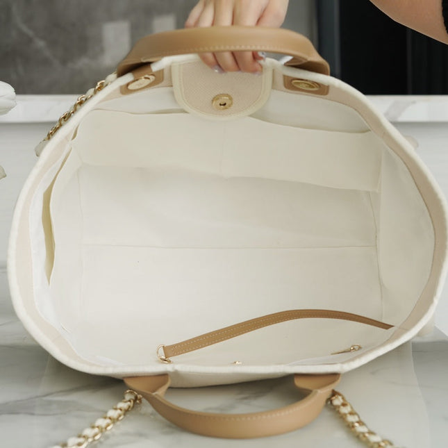 TOTE BAG 39 ATTACHED PEARL LOGO IN BEIGE CANVAS GOLD HARDWARE