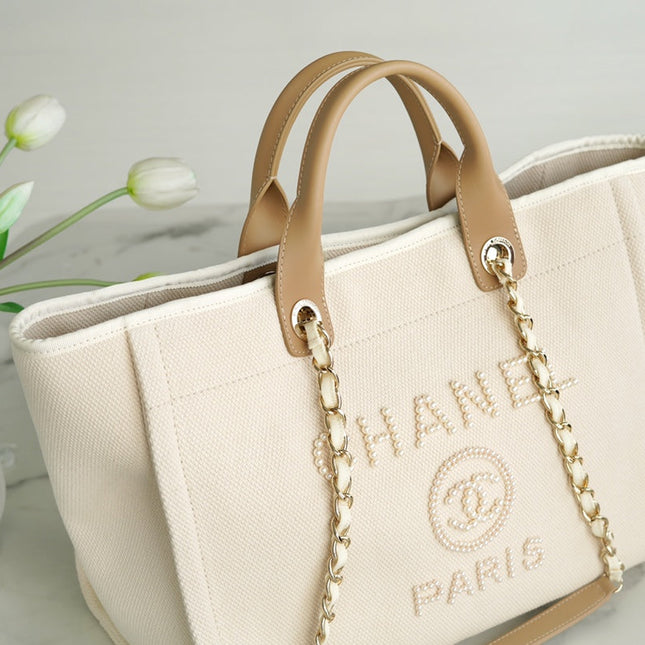 TOTE BAG 39 ATTACHED PEARL LOGO IN BEIGE CANVAS GOLD HARDWARE
