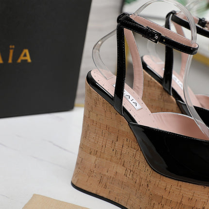 ALAIA WEDGE SANDAL IN BLACK GLOSSY CALFSKIN AND BEIGE RUBBER