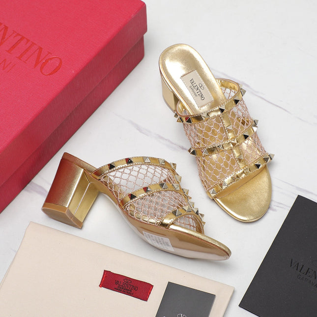 WOMEN'S BLACK ROCKSTUD GOLD MESH SLIDER SANDAL WITH MATCHING STUDS 65 MM