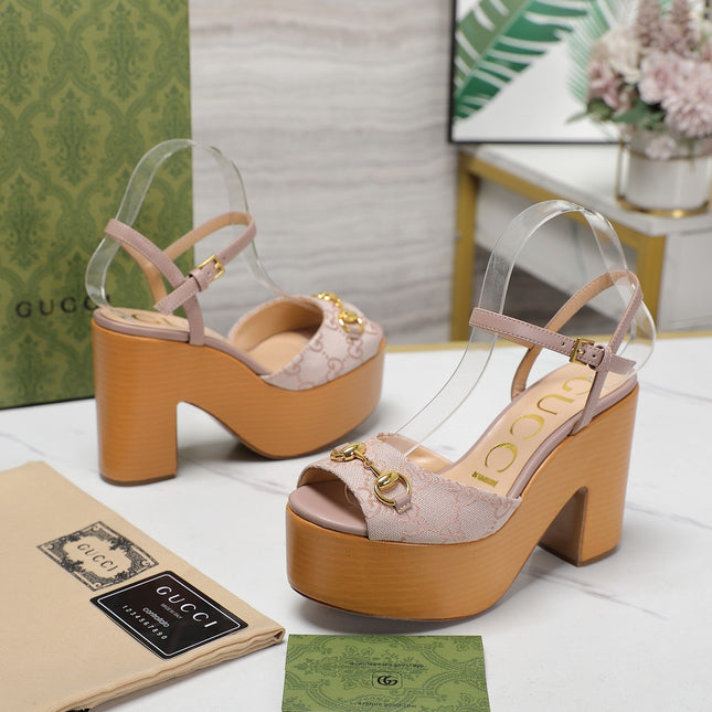 GG HORSEBIT WEDGE SANDAL IN LIGHT BEIGE MONOGRAM JACQUARD FABRIC AND SHEEPSKIN LINING