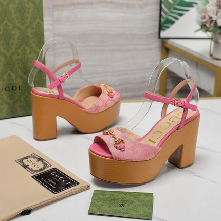 GG HORSEBIT WEDGE SANDAL IN PINK MONOGRAM JACQUARD FABRIC AND SHEEPSKIN LINING