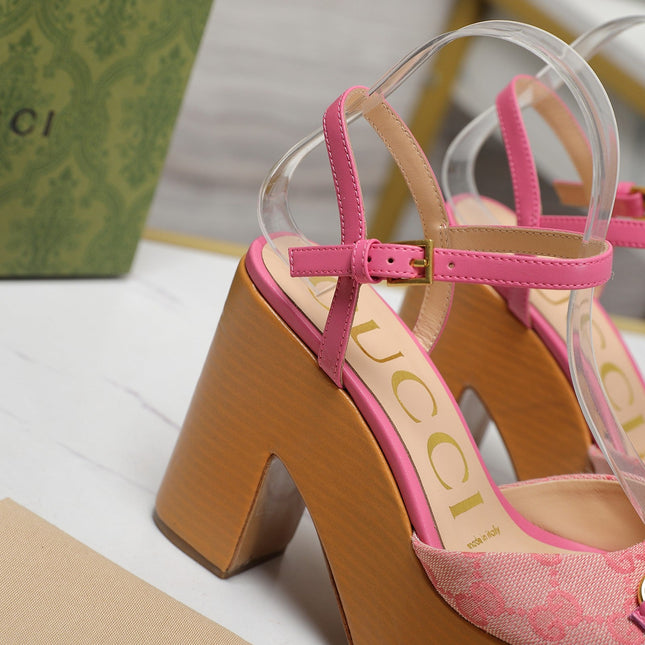 GG HORSEBIT WEDGE SANDAL IN PINK MONOGRAM JACQUARD FABRIC AND SHEEPSKIN LINING