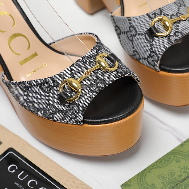 GG HORSEBIT WEDGE SANDAL IN BLACK MONOGRAM JACQUARD FABRIC AND SHEEPSKIN LINING