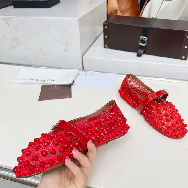 ALAIA MARY JANE SHOES IN CHERRY RED STUDDED FISHNET MESH AND CALFSKIN