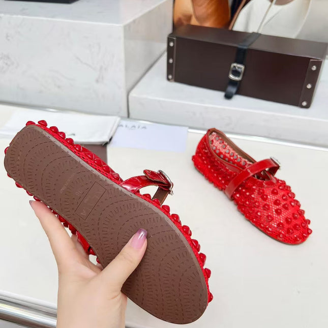ALAIA MARY JANE SHOES IN CHERRY RED STUDDED FISHNET MESH AND CALFSKIN