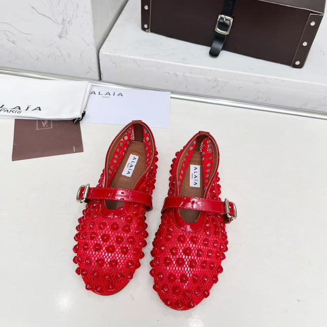 ALAIA MARY JANE SHOES IN CHERRY RED STUDDED FISHNET MESH AND CALFSKIN