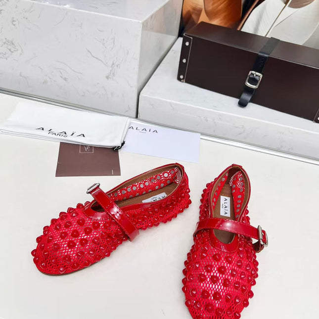 ALAIA MARY JANE SHOES IN CHERRY RED STUDDED FISHNET MESH AND CALFSKIN