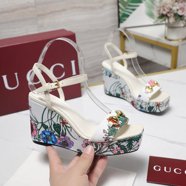 GG WEDGE HEEL SANDALS 100 IN WHITE FABRIC FLORAL PRINT