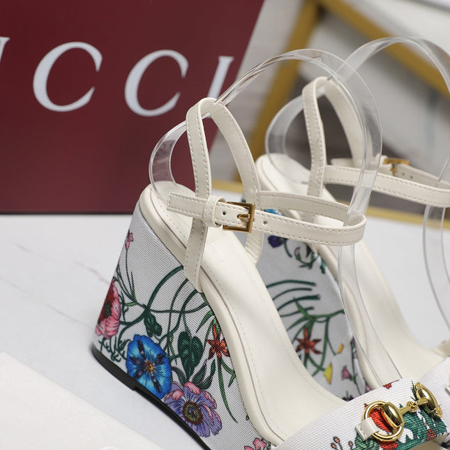 GG WEDGE HEEL SANDALS 100 IN WHITE FABRIC FLORAL PRINT