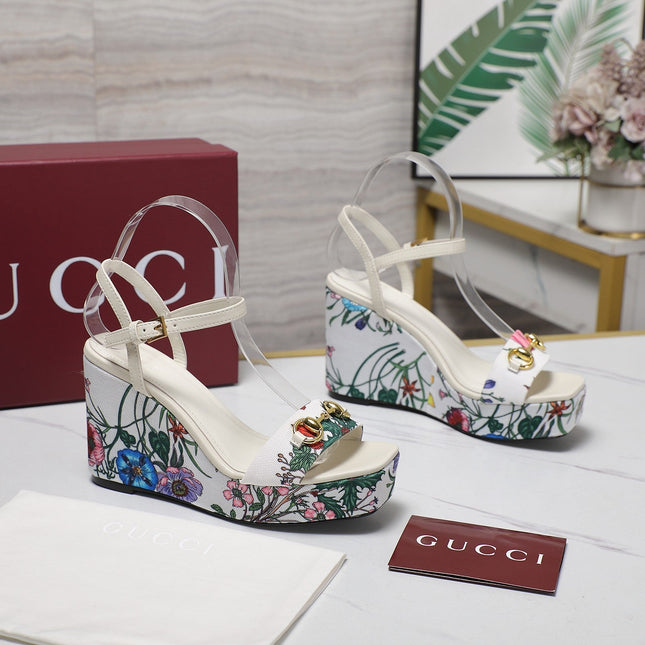 GG WEDGE HEEL SANDALS 100 IN WHITE FABRIC FLORAL PRINT