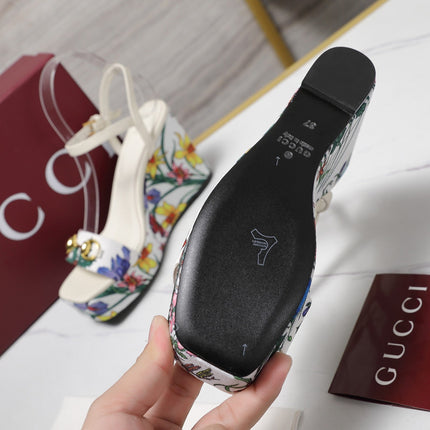 GG WEDGE HEEL SANDALS 100 IN WHITE FABRIC FLORAL PRINT