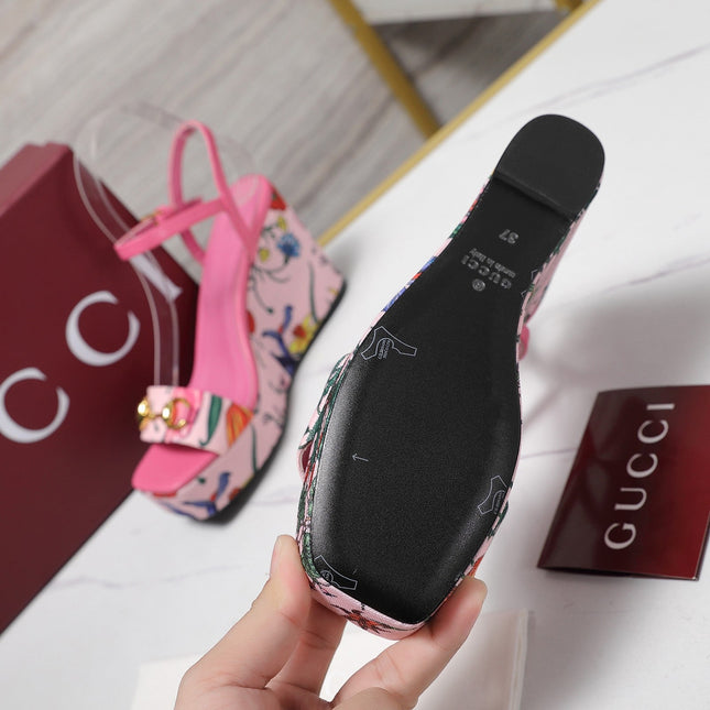 GG WEDGE HEEL SANDALS 100 IN PINK FABRIC FLORAL PRINT