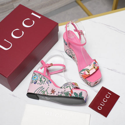 GG WEDGE HEEL SANDALS 100 IN PINK FABRIC FLORAL PRINT