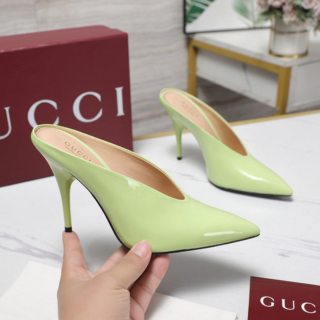 GG HEELED MULES 105 IN PASTEL GREEN CALFSKIN