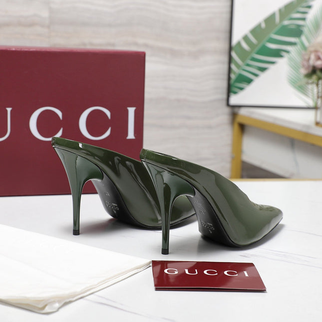 GG HEELED MULES 105 IN ARMY GREEN CALFSKIN
