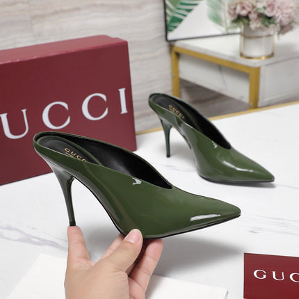 GG HEELED MULES 105 IN ARMY GREEN CALFSKIN