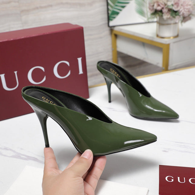 GG HEELED MULES 105 IN ARMY GREEN CALFSKIN