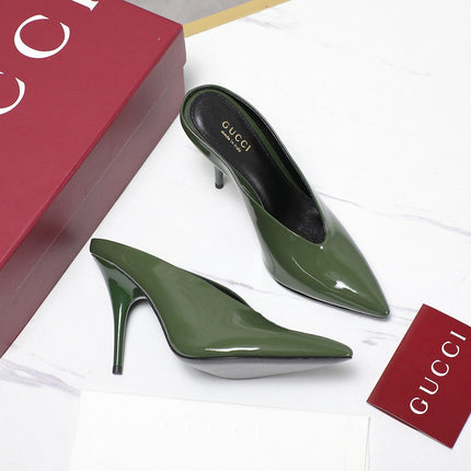 GG HEELED MULES 105 IN ARMY GREEN CALFSKIN