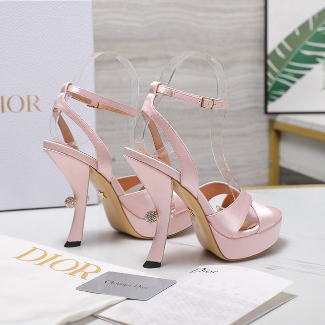 DIOR PEARL-EMBELLISHED HIGH HEEL SANDALS 25S 115 MM IN LIGHT PINK SATIN
