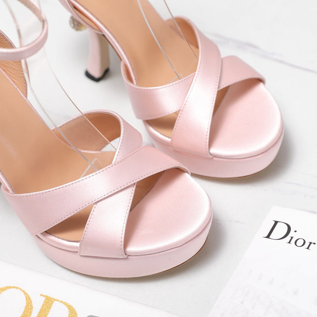 DIOR PEARL-EMBELLISHED HIGH HEEL SANDALS 25S 115 MM IN LIGHT PINK SATIN