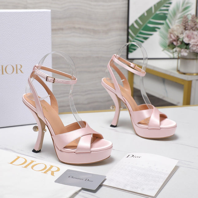 DIOR PEARL-EMBELLISHED HIGH HEEL SANDALS 25S 115 MM IN LIGHT PINK SATIN
