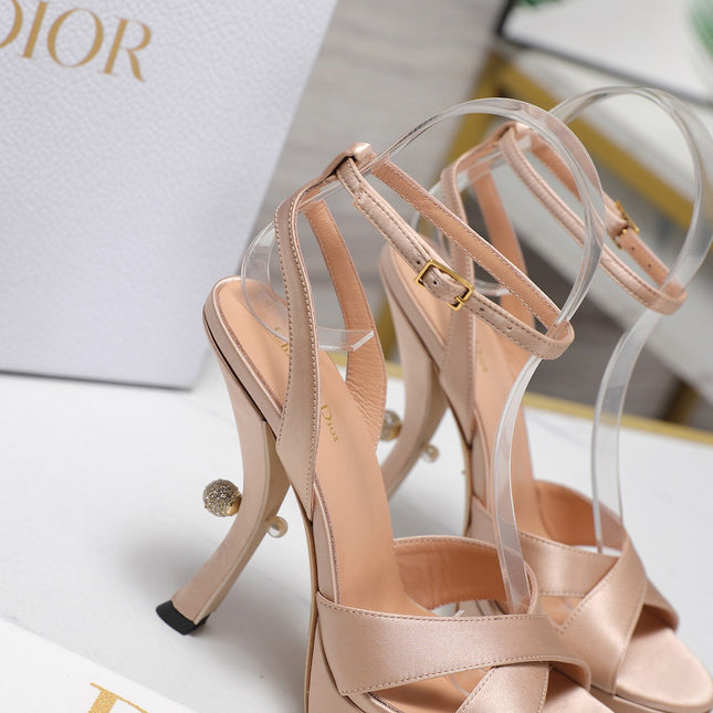 DIOR PEARL-EMBELLISHED HIGH HEEL SANDALS 25S 115 MM IN BEIGE SATIN