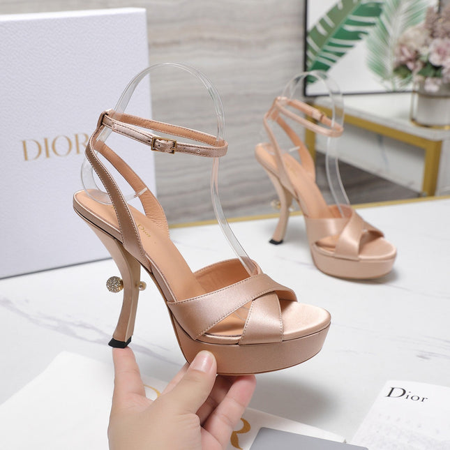 DIOR PEARL-EMBELLISHED HIGH HEEL SANDALS 25S 115 MM IN BEIGE SATIN