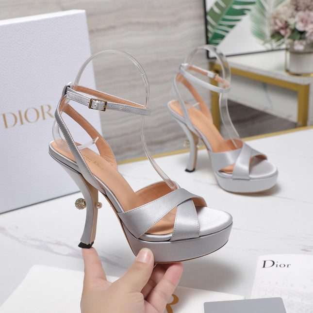 DIOR PEARL-EMBELLISHED HIGH HEEL SANDALS 25S 115 MM IN SILVER SATIN
