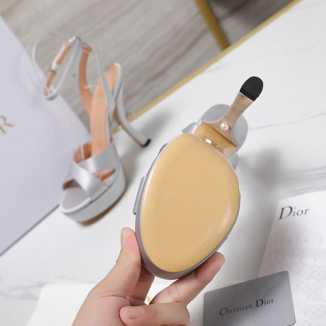 DIOR PEARL-EMBELLISHED HIGH HEEL SANDALS 25S 115 MM IN SILVER SATIN