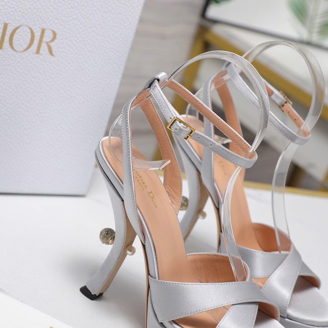 DIOR PEARL-EMBELLISHED HIGH HEEL SANDALS 25S 115 MM IN SILVER SATIN