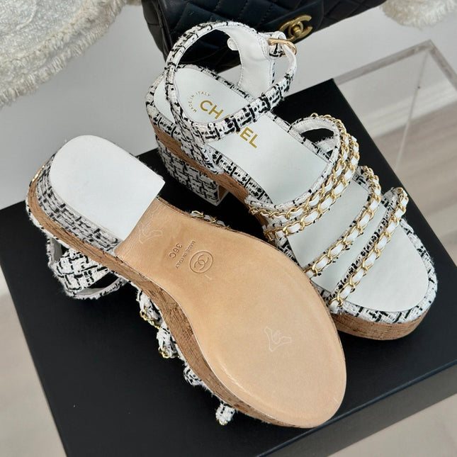 Double C Wooden Chain Platform Block Heel Sandals Black Caro/ White