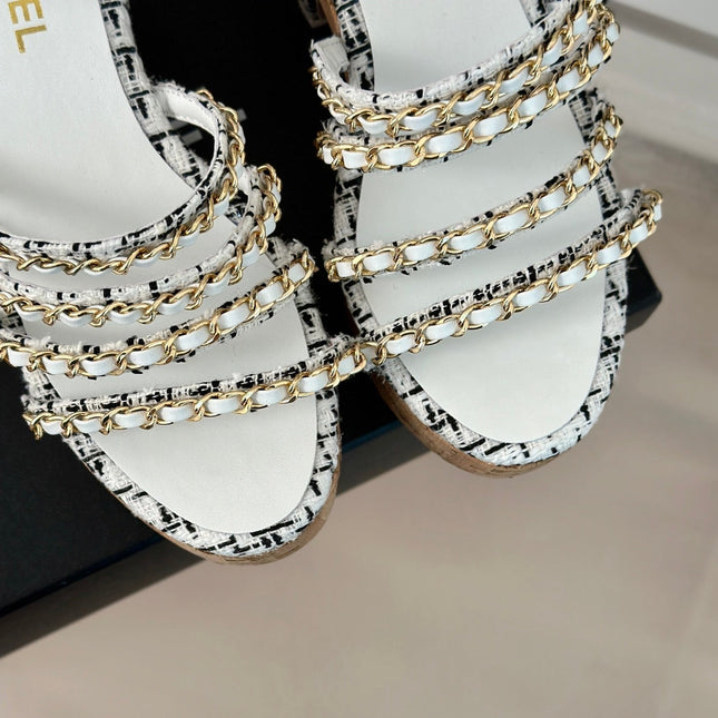 Double C Wooden Chain Platform Block Heel Sandals Black Caro/ White