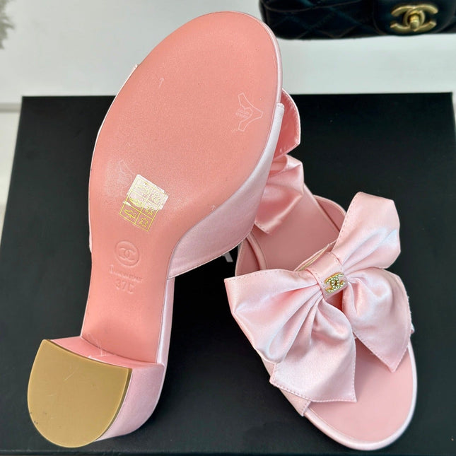 Double CC Big Bow High Heels Sheepskin Light Pink
