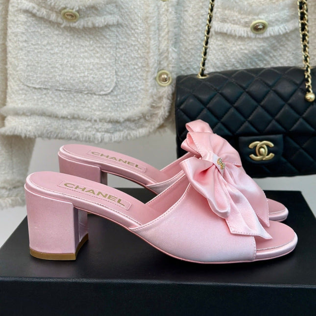 Double CC Big Bow High Heels Sheepskin Light Pink
