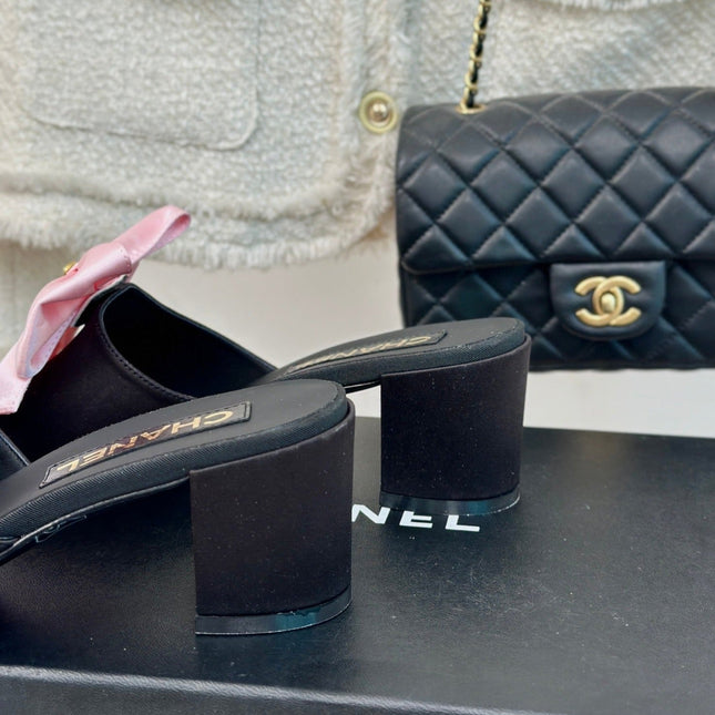 Double CC Big Bow High Heels Sheepskin Light Pink / Black