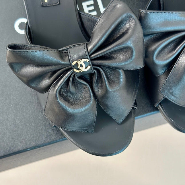 Double CC Big Bow High Heels Sheepskin Black