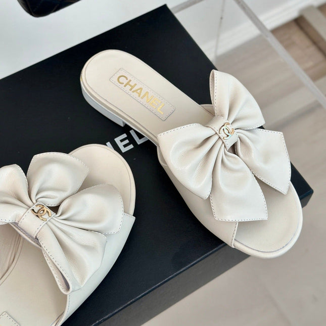 Double CC big bow flat sandals Sheepskin White Cream