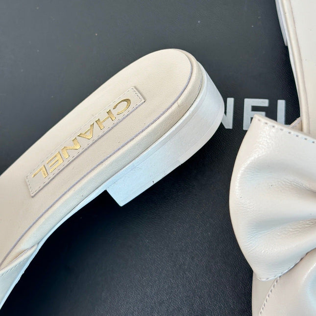 Double CC big bow flat sandals Sheepskin White Cream
