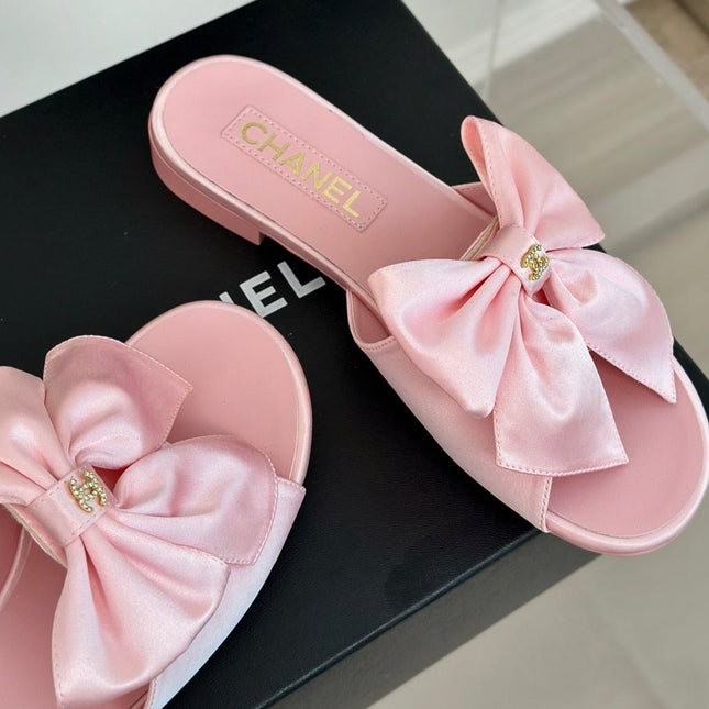 Double CC big bow flat sandals Sheepskin Light Pink