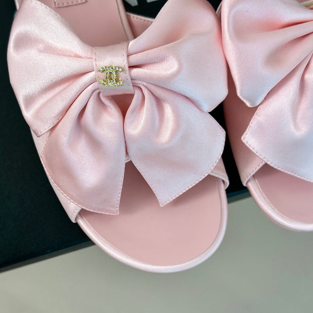 Double CC big bow flat sandals Sheepskin Light Pink