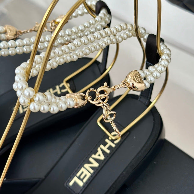 Double C Big Bow Pearl Chain Sandals Light Pink Black Lambskin