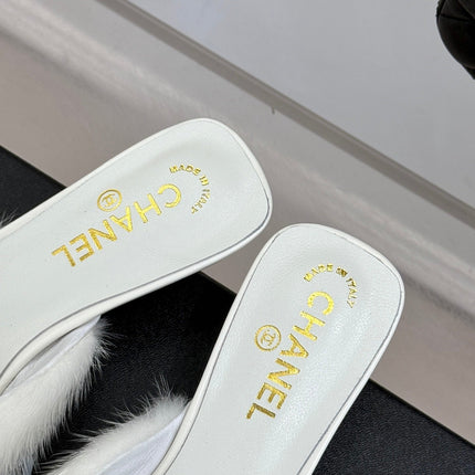 RABBIT FUR POINTED-TOE MULE IN WHITE LAMBSKIN