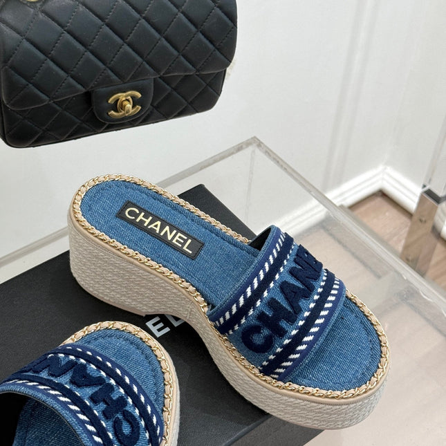 THICK SOLE WEDGE SLIPPERS IN CLASSIC BLUE DENIM FABRIC