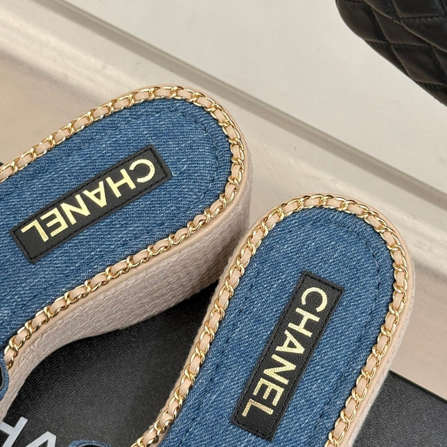 THICK SOLE WEDGE SLIPPERS IN CLASSIC BLUE DENIM FABRIC
