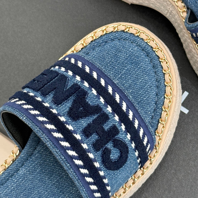 THICK SOLE WEDGE SLIPPERS IN CLASSIC BLUE DENIM FABRIC