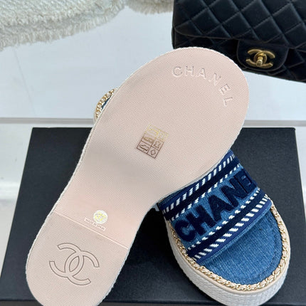 THICK SOLE WEDGE SLIPPERS IN CLASSIC BLUE DENIM FABRIC